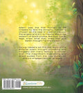 Back cover of Islamic children's book 'Adam Falls to Earth' with yellow-green nature background, summary text, and Lantern Kids logo.