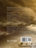 Back cover of 'Imam Husain’s Brothers in Arms' book with summary text, Lantern Publications logo, and ISBN barcode, set on a sepia background with a silhouette of marching figures and flags, Shia Islamic literature