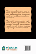 Back cover of a Quran history book featuring a summary, Mishkat Publications logo, and ISBN barcode.