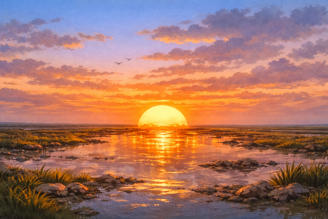 Scenic sunset over calm water with grassy banks, rocks, and birds in a peaceful landscape