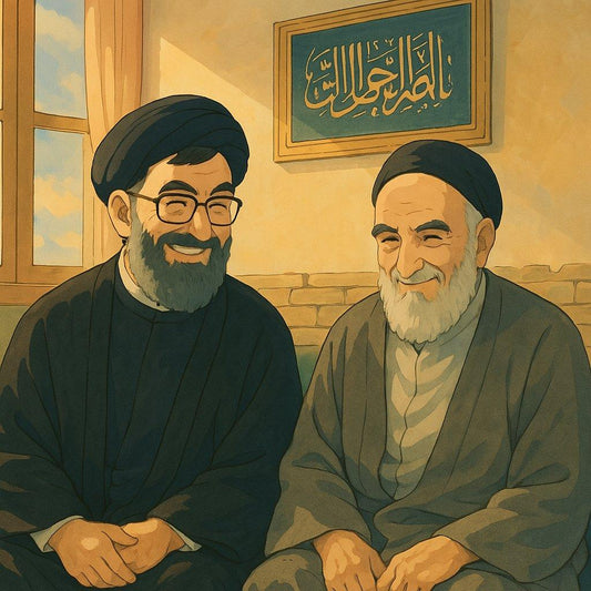 Illustrated portrait of two elderly Shia Muslim scholars in traditional robes, smiling indoors