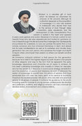 Back cover of Islamic book featuring a scholar's portrait, summary of Shia wisdom, QR code, and ISBN barcode.