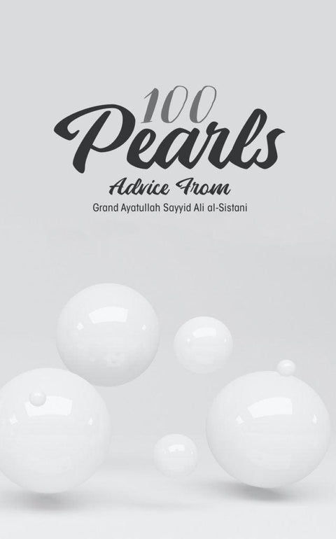 100 Pearls book cover with floating white spheres, Islamic advice by Ayatullah Sistani
