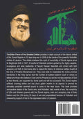 Book back cover with portrait of a man in glasses and turban, Arabic calligraphy, and detailed English text summary about Hizbollah, Lebanon, and the 2006 war.