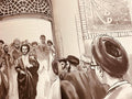 Illustration of Shia Islamic scholars in traditional attire gathering at a mosque entrance