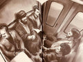 Illustration of five men in suits sitting in a train compartment, Islamic book artwork