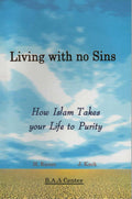 Book cover for 'Living with no Sins,' Islamic literature on purity, sky and desert background.