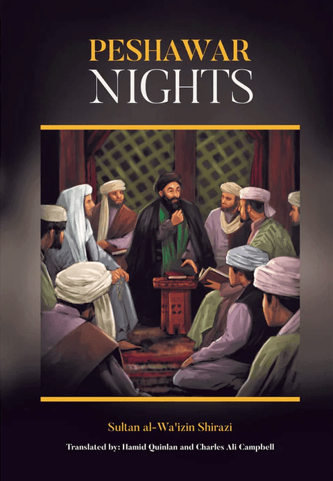 Peshawar Nights book cover featuring Islamic scholars in discussion, Shia literature
