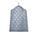 Blue Islamic prayer mat with geometric arabesque pattern and pointed arch design