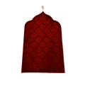 Red Islamic prayer mat with geometric pattern and pointed arch design on white background