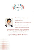 Book cover featuring questions on Islamic scholarship, Ayatullah Sayyid Hadi Mudarrisi portrait, Al-Buraq logo.