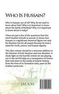 Back cover of 'Who Is Hussain?' Islamic book with summary text, ship illustration, and barcode.