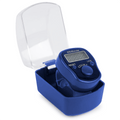 Blue digital tally counter with LCD display and protective case for prayer or meditation.