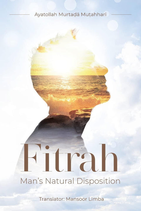 Book cover of 'Fitrah: Man's Natural Disposition' featuring a silhouette with a sunset ocean scene.