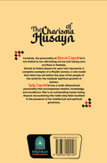 Back cover of 'The Charisma of Husayn' Islamic book with summary and Mishkat Publications logo.