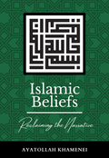 Book cover for 'Islamic Beliefs: Reclaiming the Narrative' with Arabic calligraphy and green geometric pattern