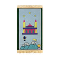 Kids Islamic prayer mat with mosque, stars, mountains, and hot air balloon illustration