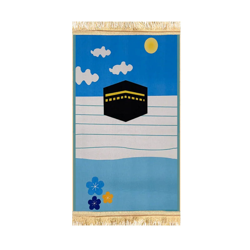 Kids prayer mat with Kaaba illustration, blue sky, sun, clouds, and decorative flowers