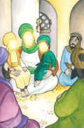 Illustrated group of Islamic figures with glowing faces sitting indoors, Islamic children's book art