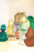 Illustration of a Shia Islamic family in traditional attire gathered indoors, sharing food.