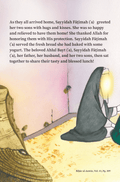 Illustration of a woman in a black cloak sitting indoors preparing food, with Islamic storybook text above.